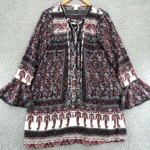 Clover & Scout Dress Womens Medium Red Multi Mini Shift Long Bell Sleeves Boho
